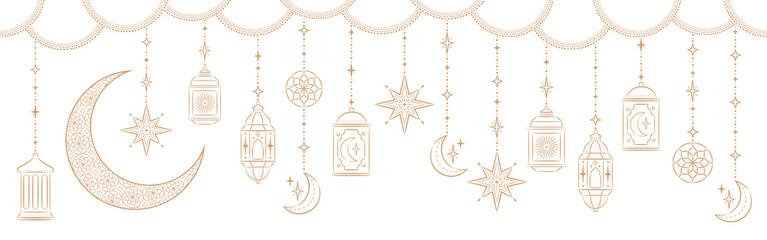 Ramadan Kareem Border, Islamic art Style Background. Symbols of Ramadan Mubarak, Hanging Gold Lanterns, arabic lamps, lanterns moon, star, art vector and illustration