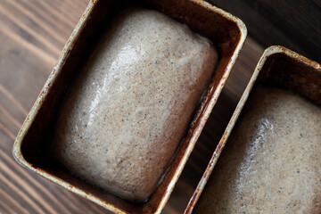 Raw homemade yeast-free bread in a baking dish
