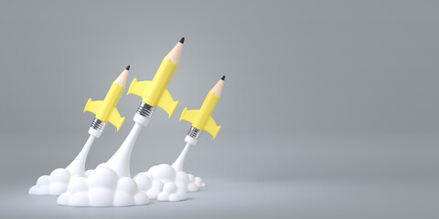 Minimal background for online education concept. Launching pencil rocket on gray background. 3d rendering illustration. Clipping path of each element included.