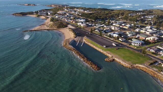 A drone flight over the iconic Beachport jetty and boat ramp located in South Australia