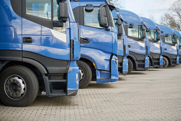 Fleet of commercial lorry trucks in row. Logistics and transportation service