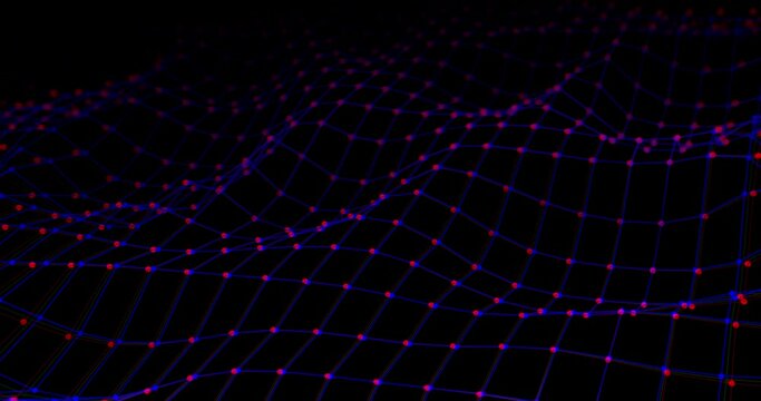 Abstract wave as smart grid background with blurred effect and RGB colors split. Plexus lines and dots in loop for Internet network connection wallpaper and big data transfer. Cyber space tech concept