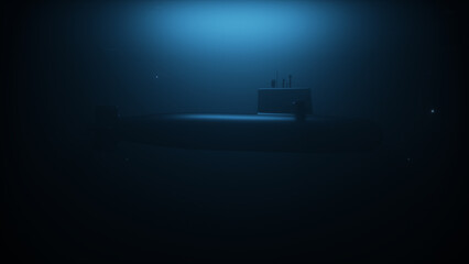 3D Illustration of a submarine patrolling in deep ocean - obrazy, fototapety, plakaty