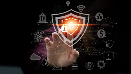 Concept of network security and privacy protection Iconlock and Internet Security Technology Businessmen protect their personal information through the Internet virtual screen.