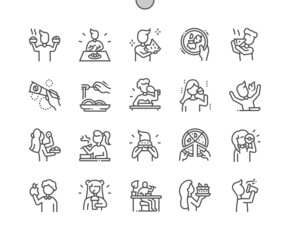 Eat food. People eating. Drink wine. Cafe and restaurant. Pixel Perfect Vector Thin Line Icons. Simple Minimal Pictogram