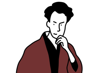 日本の着物姿の考えている男の人。
