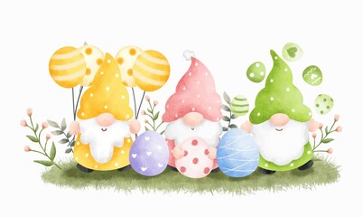 Watercolor Illustration Easter Gnome and Easter Egg 