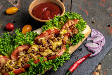 fresh delicious hotdog with onions. fried meat, tomatoes, lettuce and cheese sauce. banner, menu,...