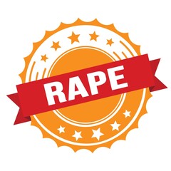 RAPE text on red orange ribbon stamp.