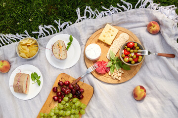 leisure and eating concept - close up of food or snacks on picnic blanket in summer garden
