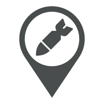 recommend clip art: Arma explosiva aérea militar. Icono plano silueta de bomba aérea en puntero de posición en color gris