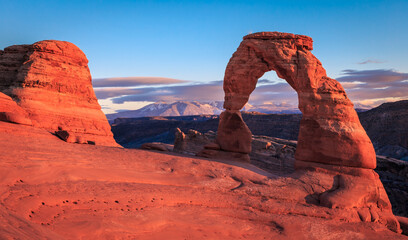 Fall Sunset and Colors on Delicate Arch, Arches National Park, Utah