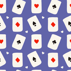Seamless vector pattern with playing cards on blue background. Design for fabric and paper, surface textures.