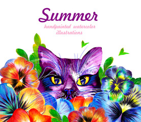 watercolor spring purple cat