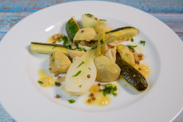 Recipe Greek style vegetables, artichoke, mushroom, zucchini, small onions. High quality photo