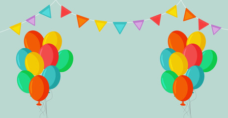 Vector illustration of a colorful balloons and flags.  A bunch of colorful Helium Balloons on blue Background. Set of Balloons for party décor. Postcard