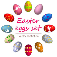 Easter eggs set. A selection of colored isolated eggs. For postcards, banners, stickers, stickers, backgrounds, posters, covers, fabric prints, etc.