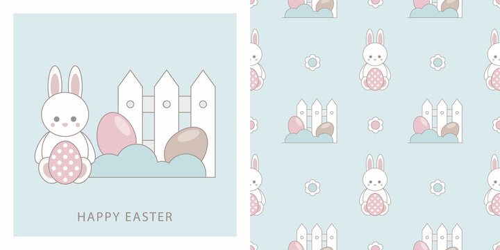 Cute cartoon card with Easter bunny and seamless pattern set