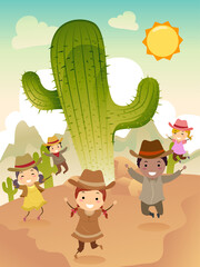 Stickman Kids Western Cactus Jump Illustration