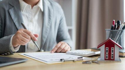 Insurance concept the client reading and revising the insurance contract carefully