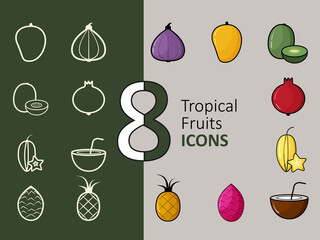  Tropical Fruits Icons set. Line art and colorful icons for web desing. Vector Illustration Icons Set. Flat Line Icons. Healthy Food. Mobile App design. Sport. Outline icons collection. Simple vector.
