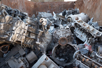 industrial Recycling. Metall junkyard. recycling industry. old engines