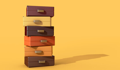 Stack of suitcases on a yellow background and a place for the text. 3d render illustration.