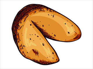 Vector hand drawn chinese fortune cookies isolated on white backgrounds. Food illustration. Crisp cookie with a blank piece of paper inside. For print, web, design, decor, logo.