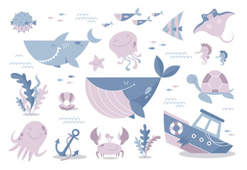 Marine life. Cartoon set of sea creatures