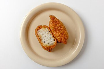 Tofu sushi on a white background