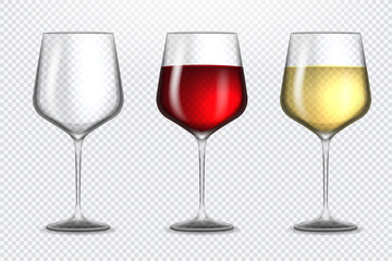 Set transparent vector wine glasses empty, with white and red wine on transparent background. Alcoholic drink. White and red wine. Vector illustration