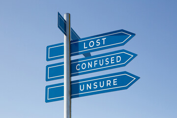 Lost confused unsure words on signpost isolated on sky background