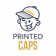 Boy in a cap sign. Funny vector logo template of printable cap. For typography, print, corporate identity, workshop, branding, factory, serigraphy, isolated on gray background,
