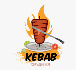 Creative Doner kebab logo with flame element. Shawarma emblem. Turkish fast food restaurant, barbecue cafe or grill bar symbol of skewer or rotating spit with grilled meat.