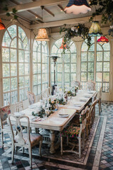 Wedding table decoration rustic style . Table set for wedding or another catered event.