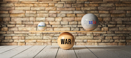 wooden blocks with the word WAR and the flags of Russia and Ukraine on wooden background