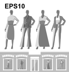 Four full-length female mannequins dressed in fashionable clothes over white background. Clothing store showcase. Vector illustration - 491802508