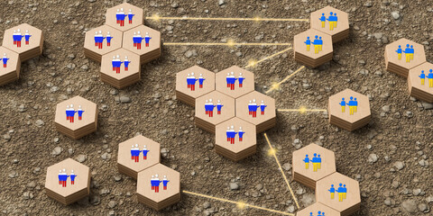 wooden hexagon tiles with people in Russian and Ukrainian colors and interconnecting lines on dirt...