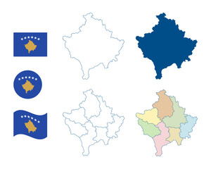 Kosovo map. Detailed blue outline and silhouette. Administrative divisions and districts. Country flag. Set of vector maps. All isolated on white background. Template for design and infographics.