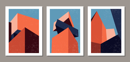 Set of contemporary geometry architecture posters in mid century modern style