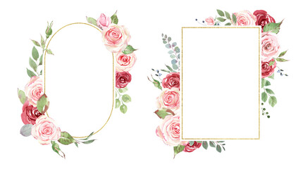 Watercolor wreaths of red and pink roses, green leaves and golden figures. Bohemian holiday decor. Bouquets of roses and leaves. For wedding invitation, greeting cards, wedding decoration
