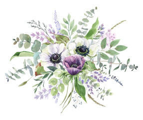 Watercolor bouquet of anemones, eucalyptus and wild herbs. Bohemian bouquet of purple and white flowers. Delicate bouquet for wedding decoration, postcards posters © Yevheniia Poli