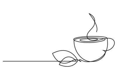 Cup of tea and leaf of tea. Mint tea. Green tea. Vector sketch. Continuous line drawing. Hot drink aroma. Medical anti-virus drink