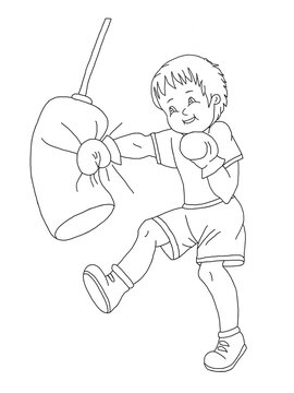 Coloring-illustration boy  boxing  on a white background. Hand  drawn.  Template. Closeup.