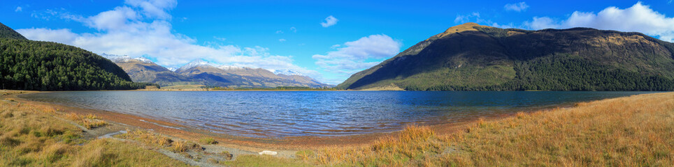 Panorama of Diamond Lake in the Otago Region of New Zealand's South Island. To the left of the picture are the Richardson Mountains and on the right is Mount Alfred