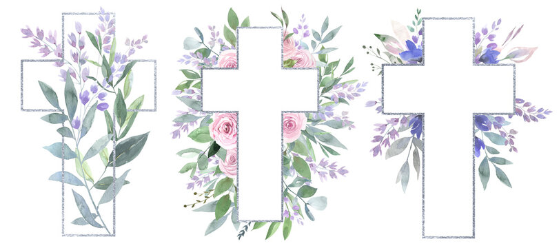 Watercolor Easter cross clipart. Floral crosses. Religious symbols, Easter cards. Festive crosses made of roses, purple flowers, green leaves and branches.