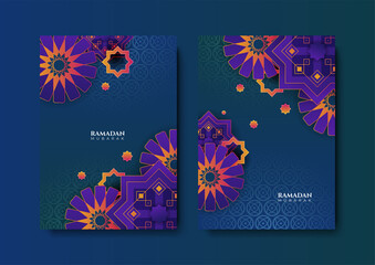 Trendy islamic ramadan greeting card and poster background template with mosque, lantern, pattern, and crescent. Design for iftar invitation, ramadhan mubarak kareem. Vector illustration