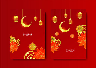 Trendy islamic ramadan greeting card and poster background template with mosque, lantern, pattern, and crescent. Design for iftar invitation, ramadhan mubarak kareem. Vector illustration