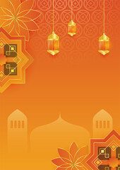 Trendy islamic poster background with mosque, arabic pattern, lantern, moon, and crescent. Can be used for greeting card, poster, banner, invitation, brochure, ramadan, eid, adha, iftar invitation.