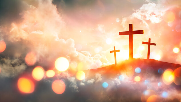 Crucifixion - Crosses At Sunset With Abstract Defocused Bokeh Lights